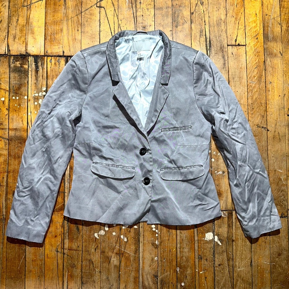 H&M Blazer Jacket Womens Size 12 Silver Lined Cloverleaf Lapel 2 Button Front